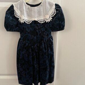 Girls Velvet Dress with White Embroidered Collar